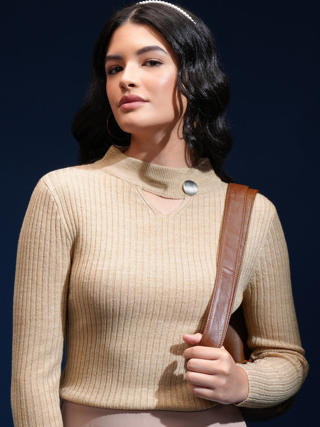 Tokyo Talkies Women Beige Turtle Neck Sweater - Beige - Image 1