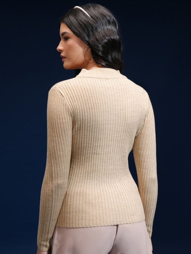 Tokyo Talkies Women Beige Turtle Neck Sweater - Beige - Image 3