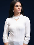 Tokyo Talkies Women White Shawl Neck Sweater - White - Image 1