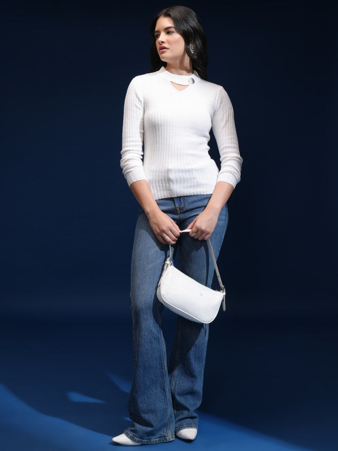 Tokyo Talkies Women White Shawl Neck Sweater - White - Image 2