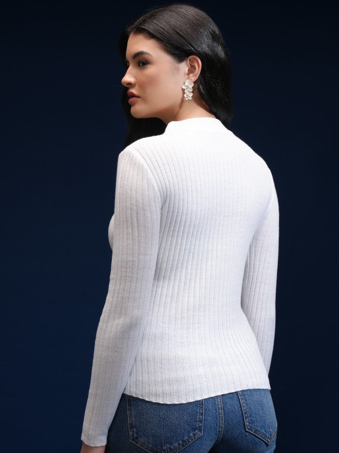 Tokyo Talkies Women White Shawl Neck Sweater - White - Image 3
