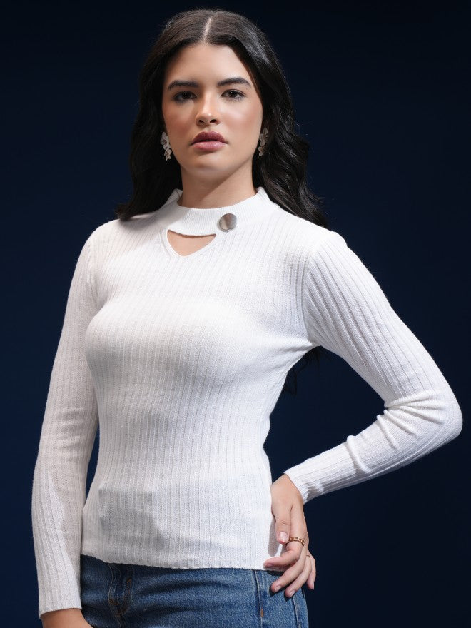 Tokyo Talkies Women White Shawl Neck Sweater - White - Image 4