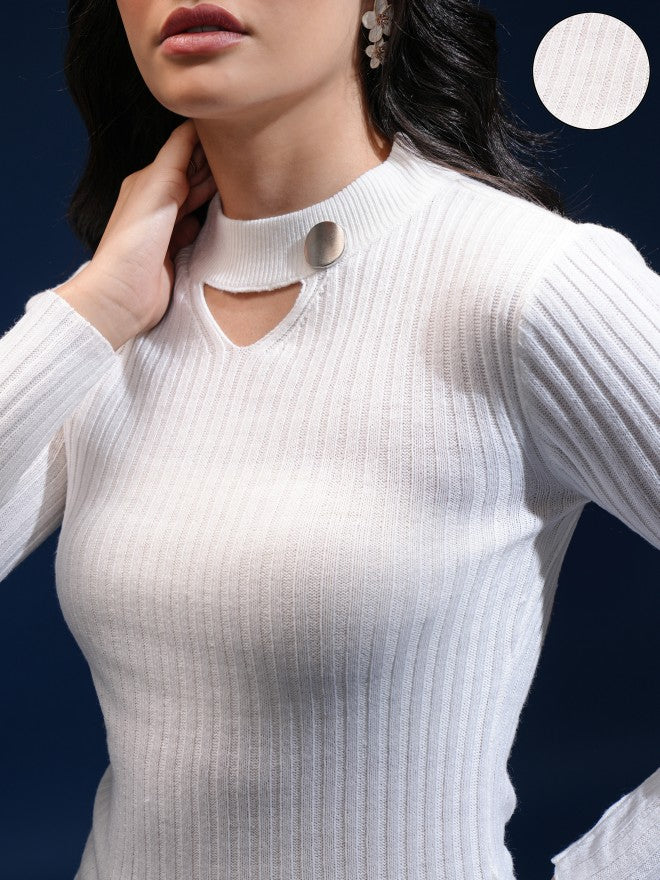 Tokyo Talkies Women White Shawl Neck Sweater - White - Image 5