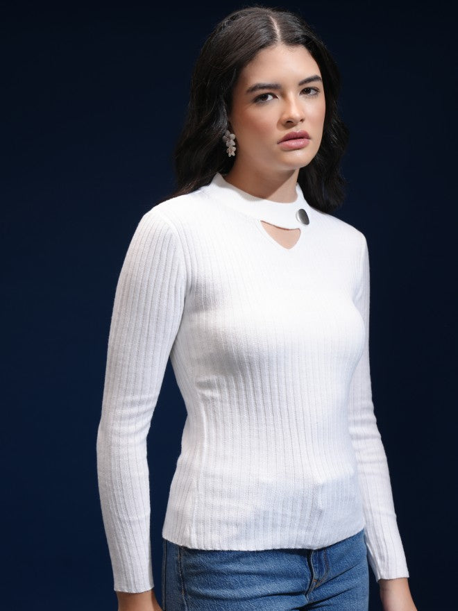Tokyo Talkies Women White Shawl Neck Sweater - White - Image 6