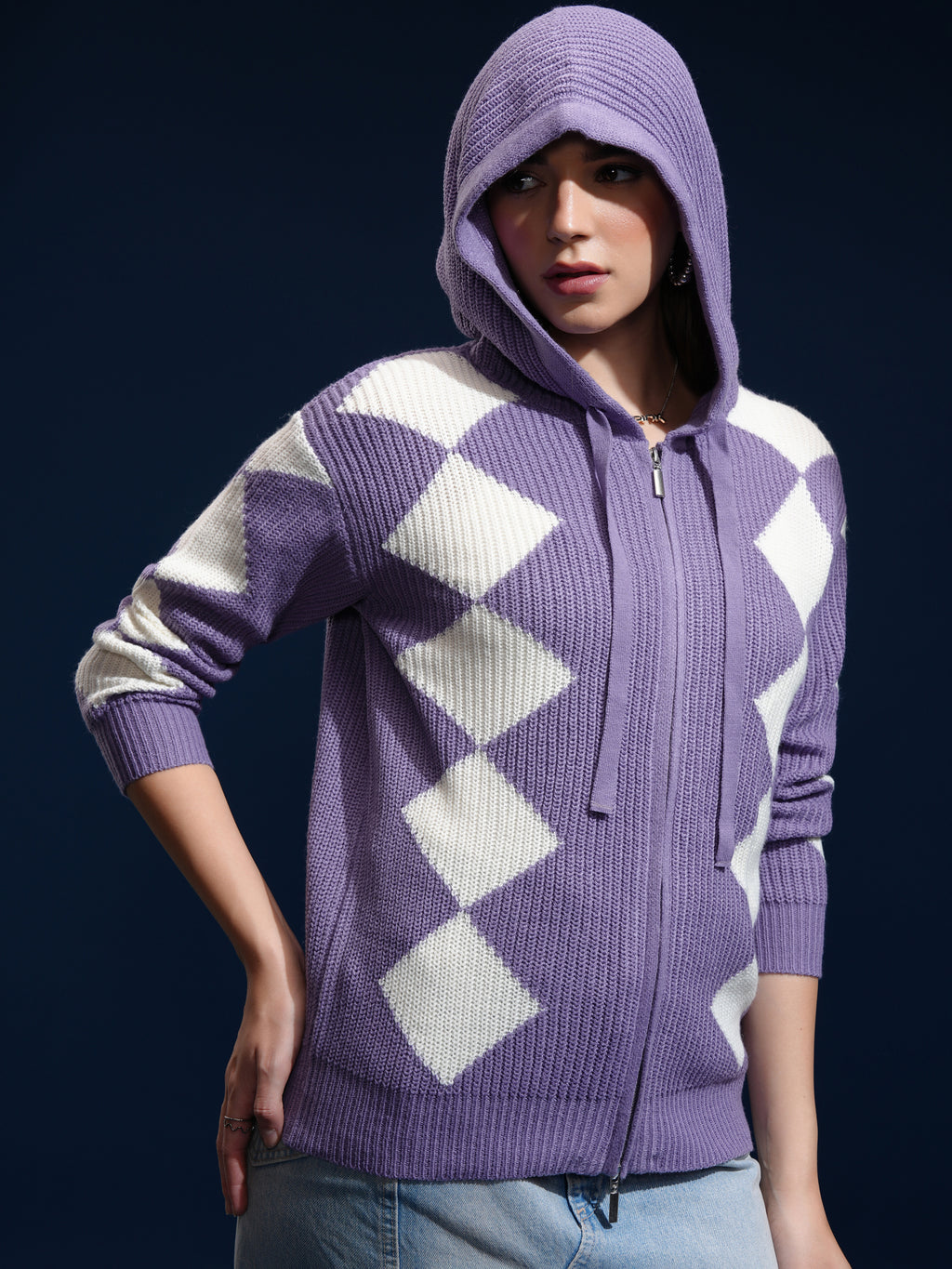 Tokyo Talkies Women Purple Hood Sweater - Purple - Image 6