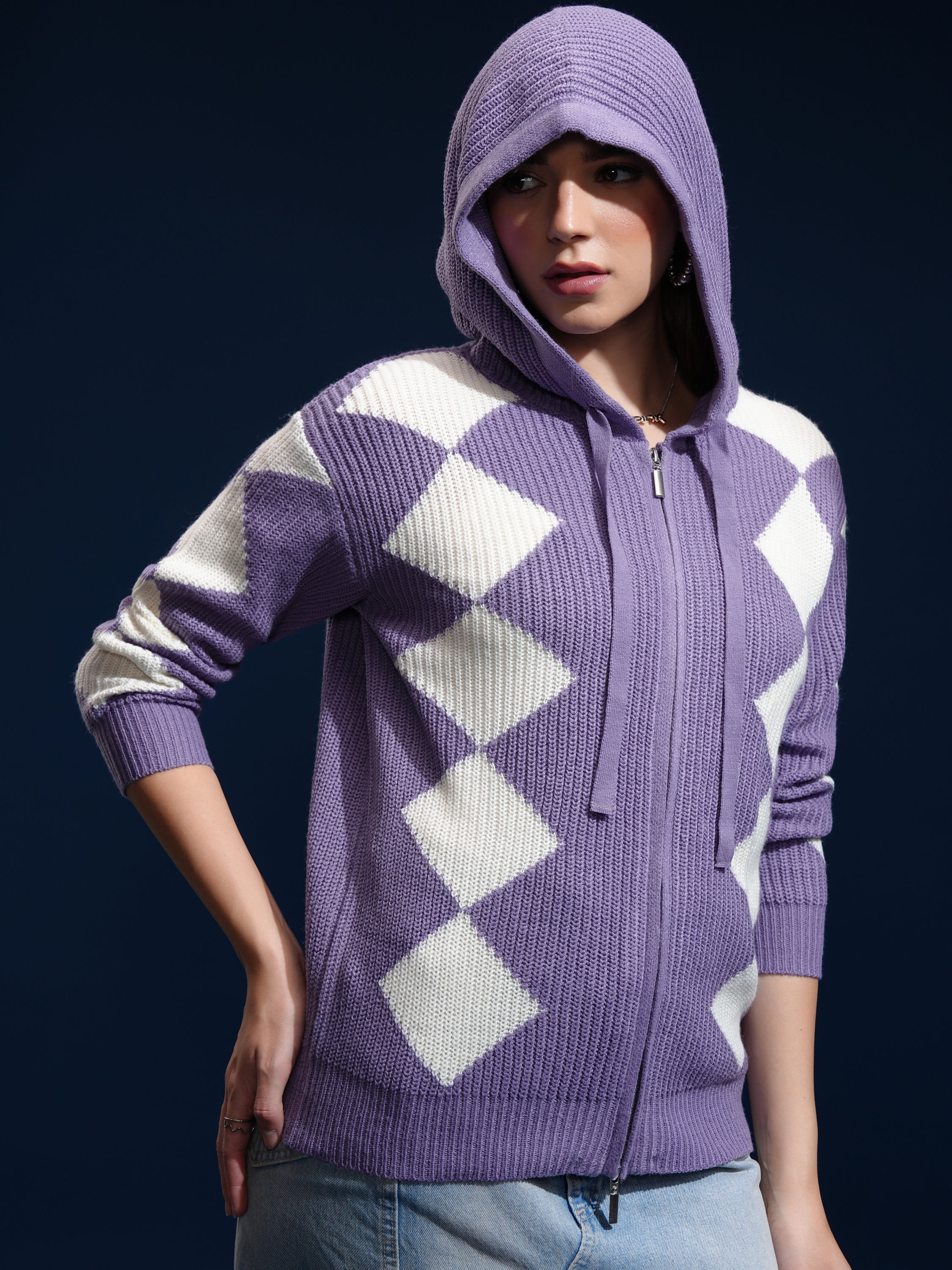 Tokyo Talkies Women Purple Hood Sweater - Purple - Image 6
