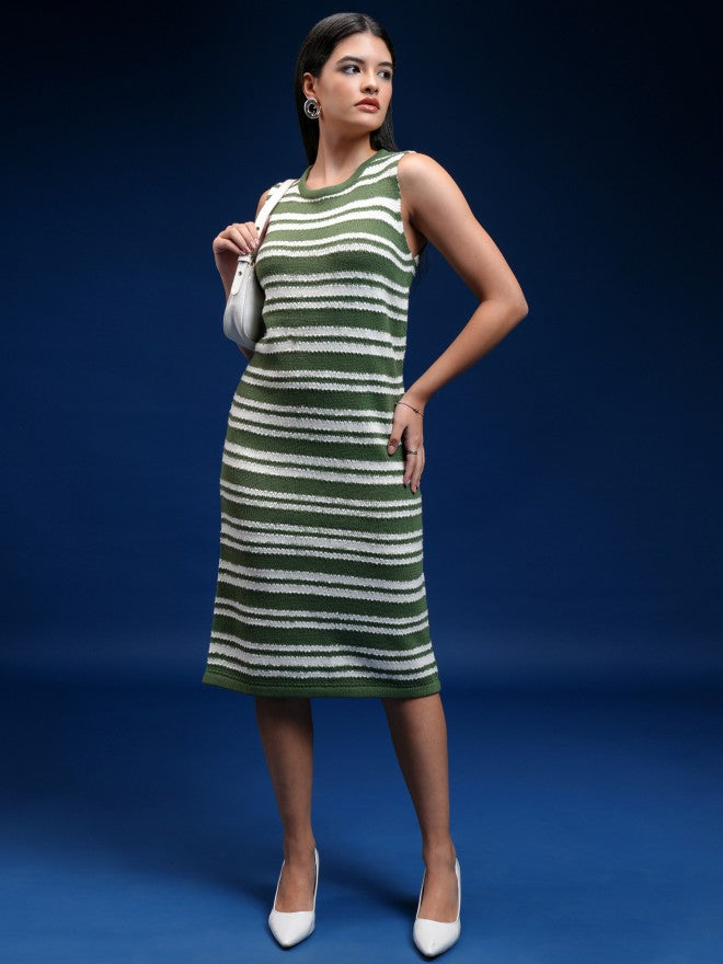 Tokyo Talkies Women Green Striped Sheath Dress - Green - Image 1