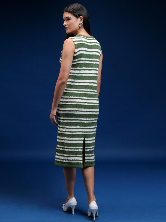 Tokyo Talkies Women Green Striped Sheath Dress - Green - Image 2