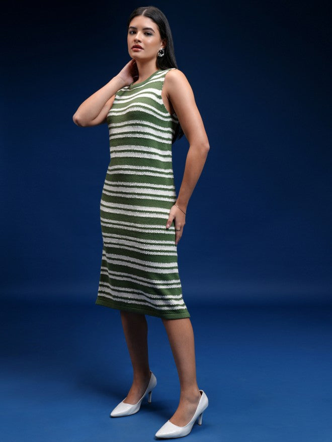 Tokyo Talkies Women Green Striped Sheath Dress - Green - Image 3