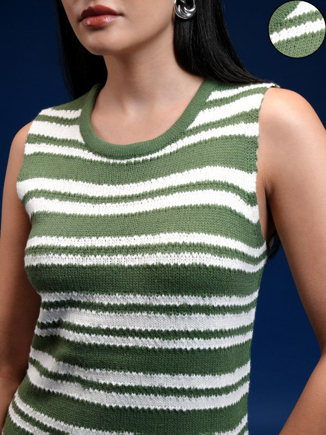 Tokyo Talkies Women Green Striped Sheath Dress - Green - Image 4