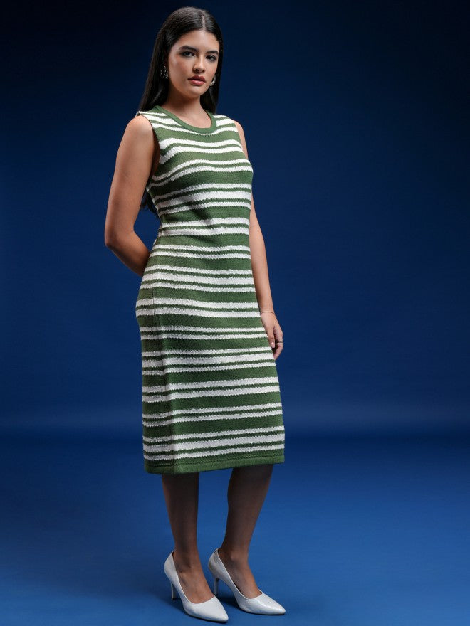 Tokyo Talkies Women Green Striped Sheath Dress - Green - Image 5