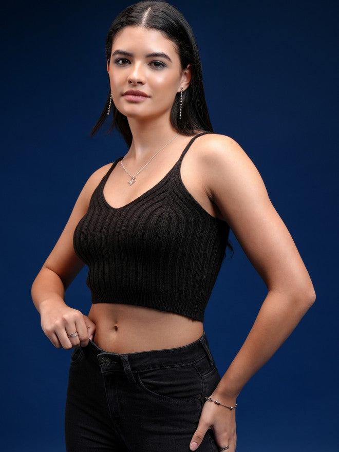 Tokyo Talkies Women Black V-Neck Sweater - Black - Image 4