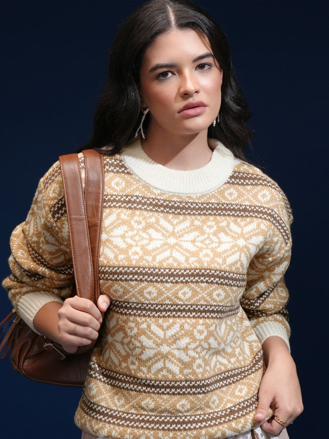 Tokyo Talkies Women Beige Round Neck Sweater - Beige - Image 1