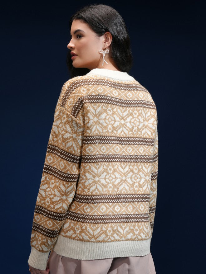 Tokyo Talkies Women Beige Round Neck Sweater - Beige - Image 3