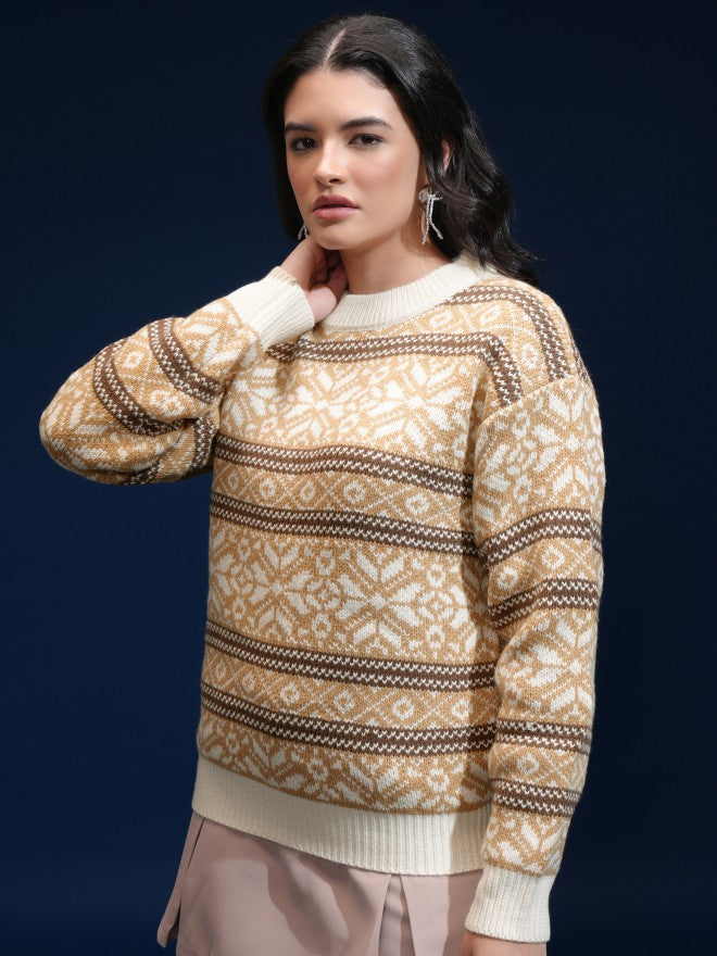 Tokyo Talkies Women Beige Round Neck Sweater - Beige - Image 4