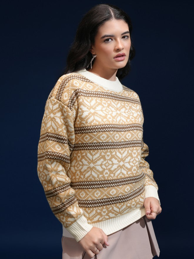 Tokyo Talkies Women Beige Round Neck Sweater - Beige - Image 6