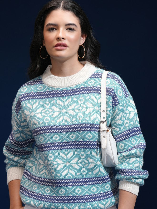 Tokyo Talkies Women Blue Round Neck Sweater - Blue - Image 1