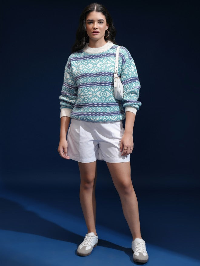 Tokyo Talkies Women Blue Round Neck Sweater - Blue - Image 2