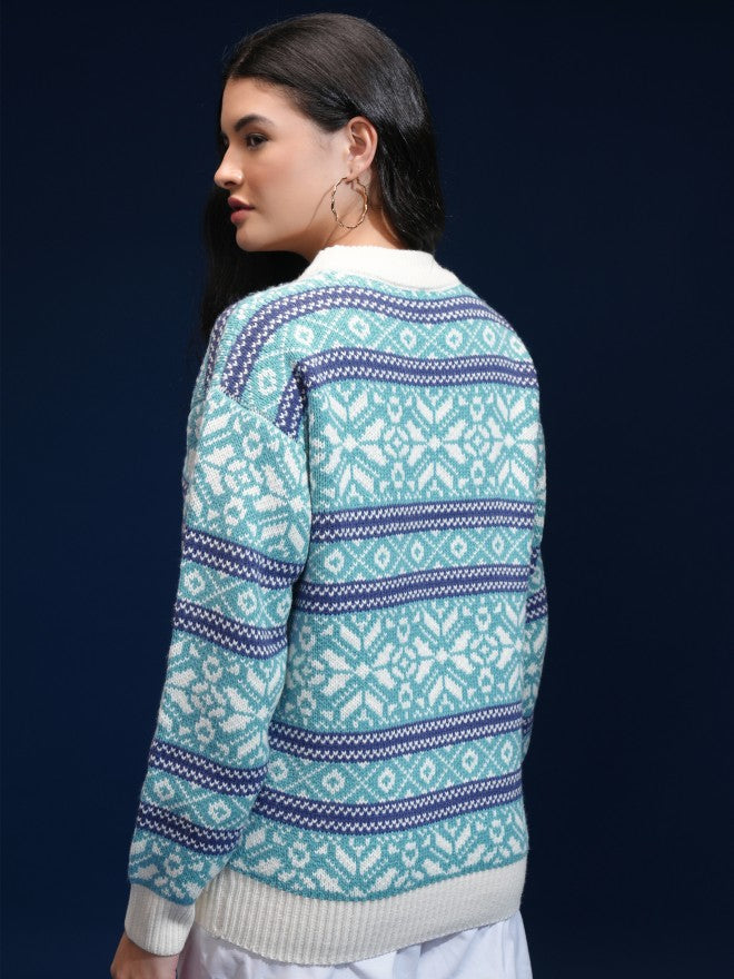 Tokyo Talkies Women Blue Round Neck Sweater - Blue - Image 3