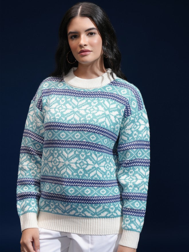 Tokyo Talkies Women Blue Round Neck Sweater - Blue - Image 4