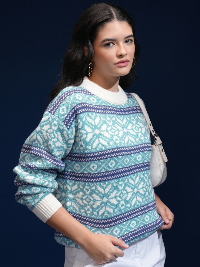 Tokyo Talkies Women Blue Round Neck Sweater - Blue - Image 6