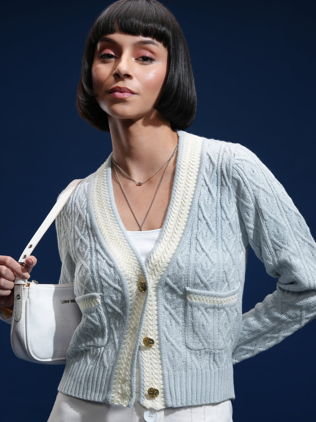 Tokyo Talkies Women Blue V-Neck Sweater - Blue - Image 1