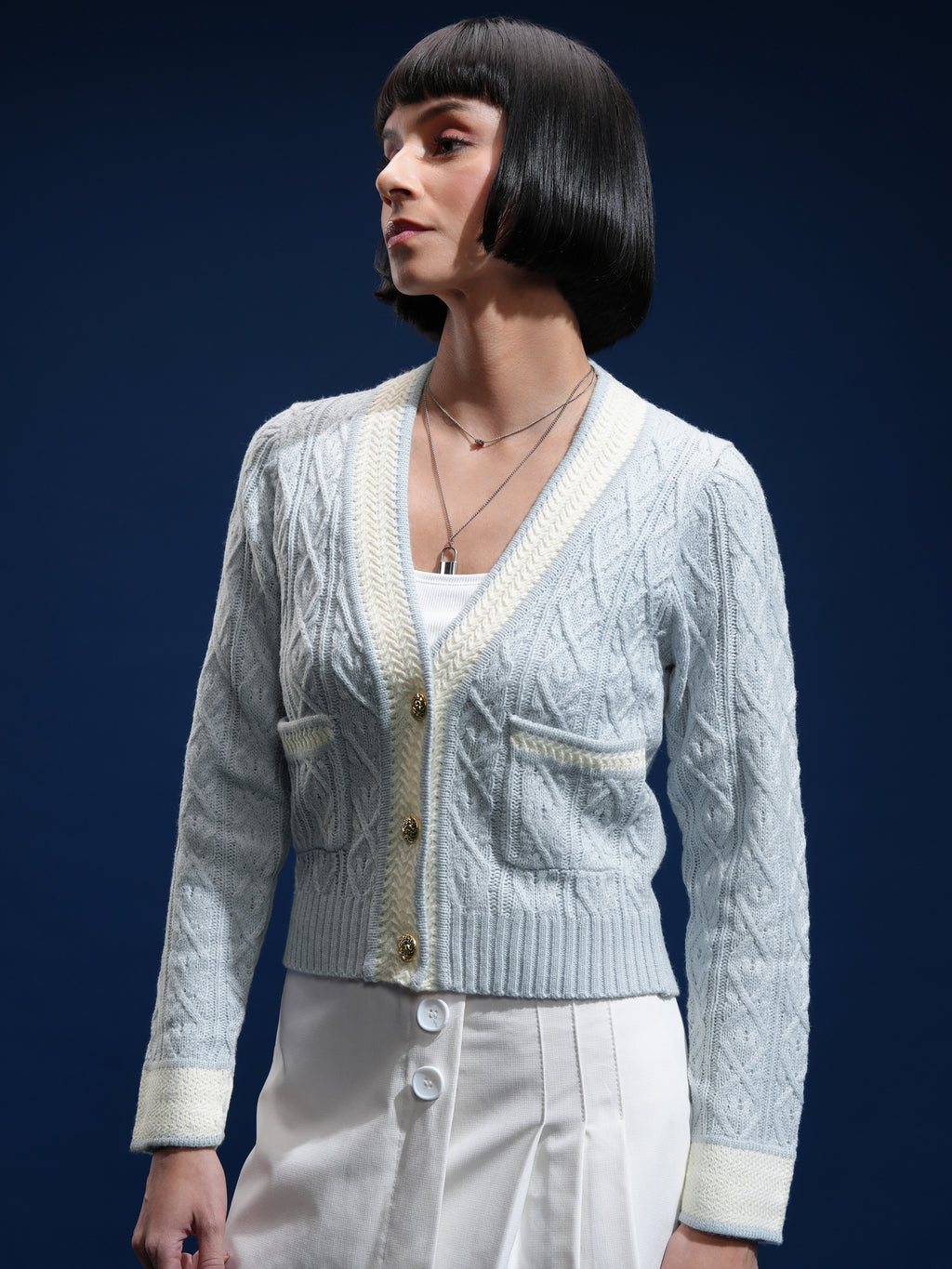 Tokyo Talkies Women Blue V-Neck Sweater - Blue - Image 4