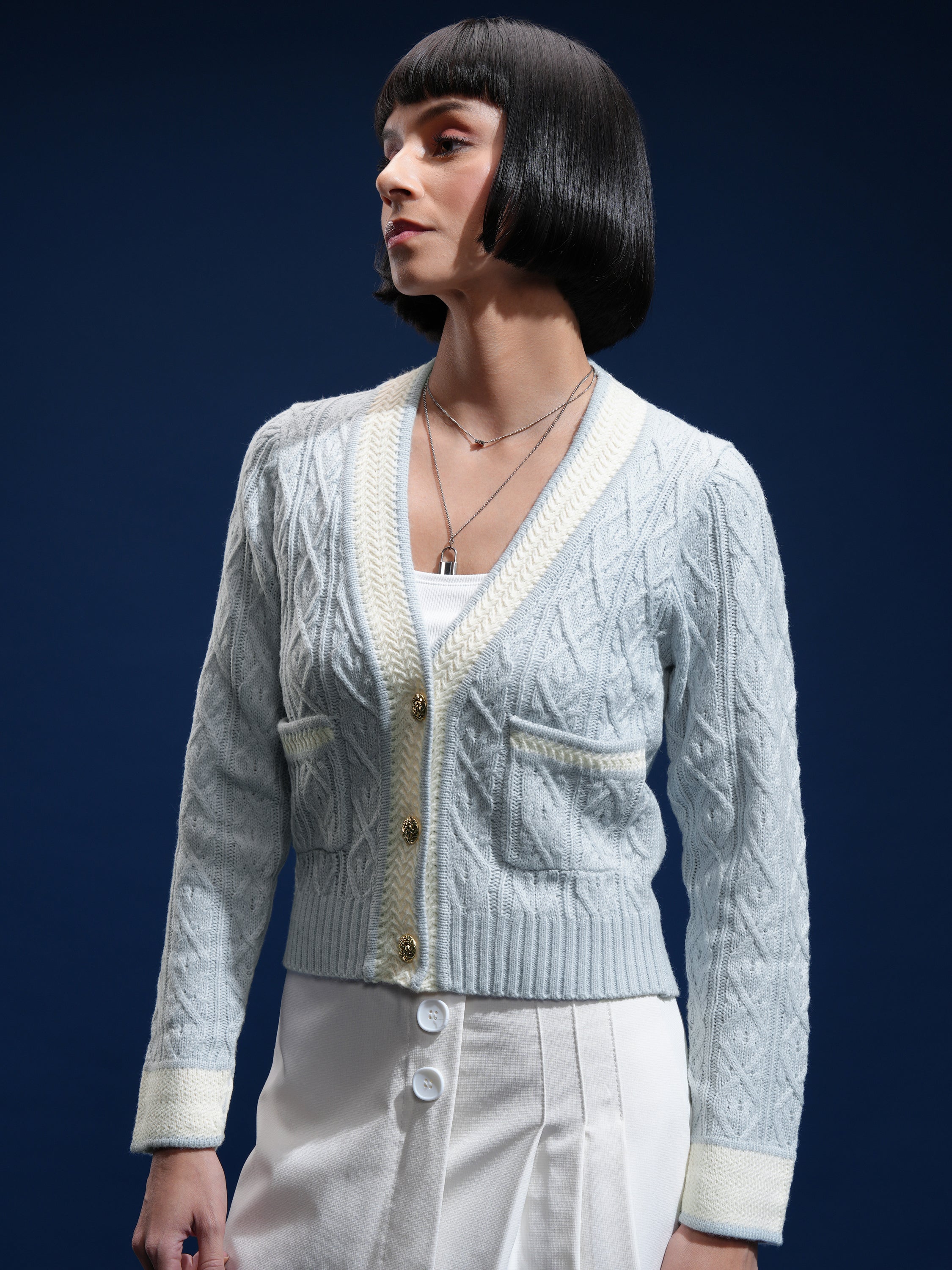 Tokyo Talkies Women Blue V-Neck Sweater - Blue - Image 4