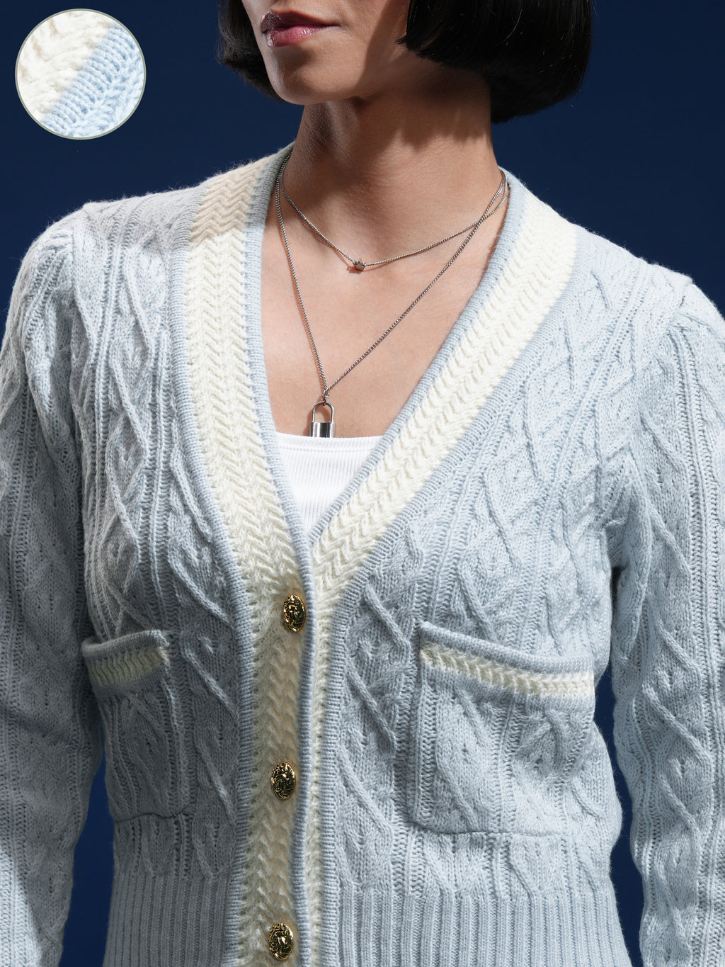 Tokyo Talkies Women Blue V-Neck Sweater - Blue - Image 5