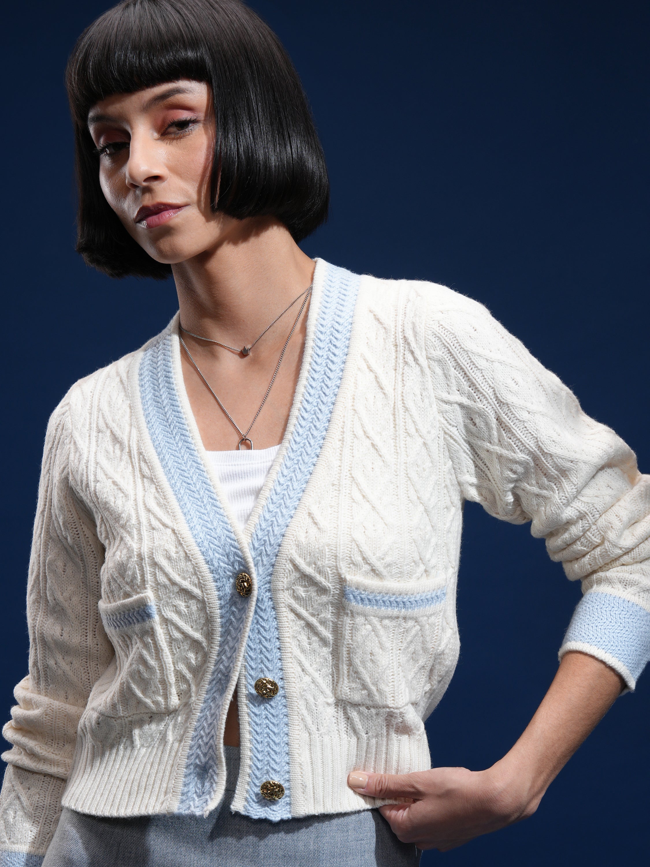 Tokyo Talkies Women Off White V-Neck Sweater - Off White - Image 1