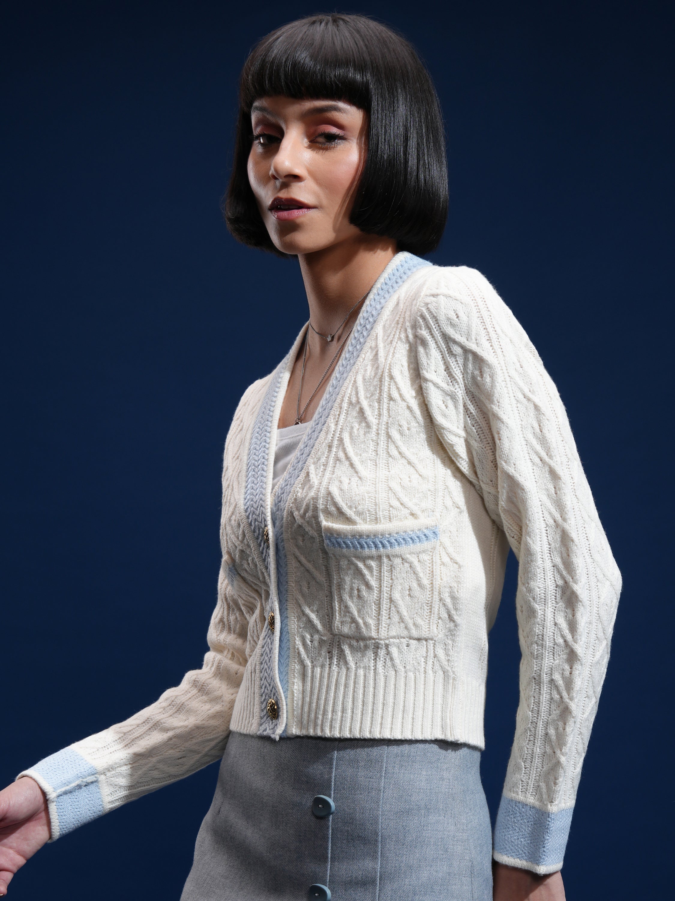 Tokyo Talkies Women Off White V-Neck Sweater - Off White - Image 4