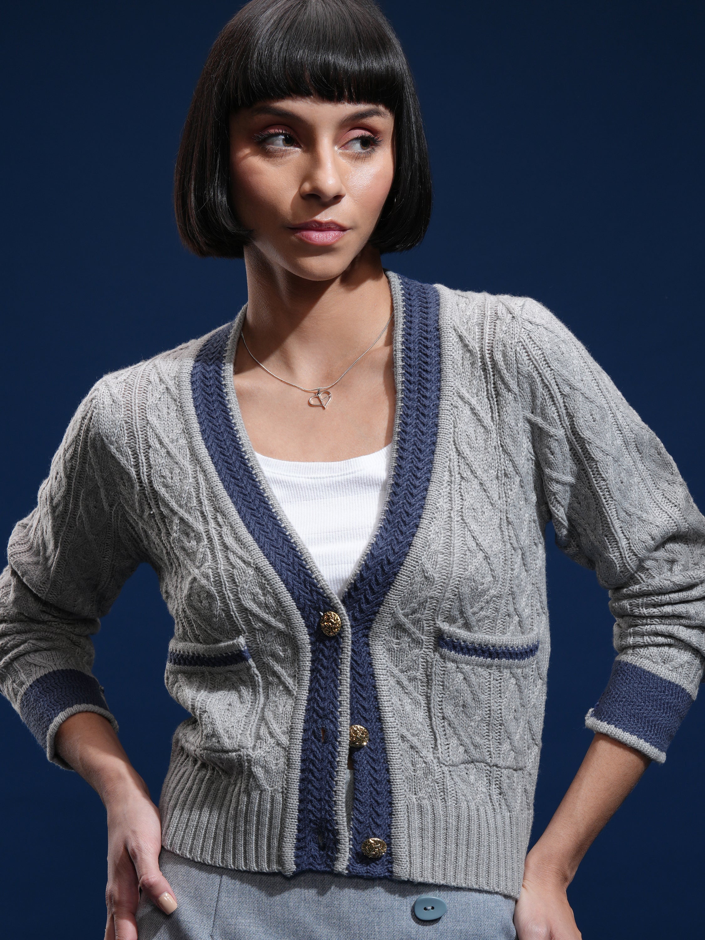 Tokyo Talkies Women Grey V-Neck Sweater - Grey - Image 1