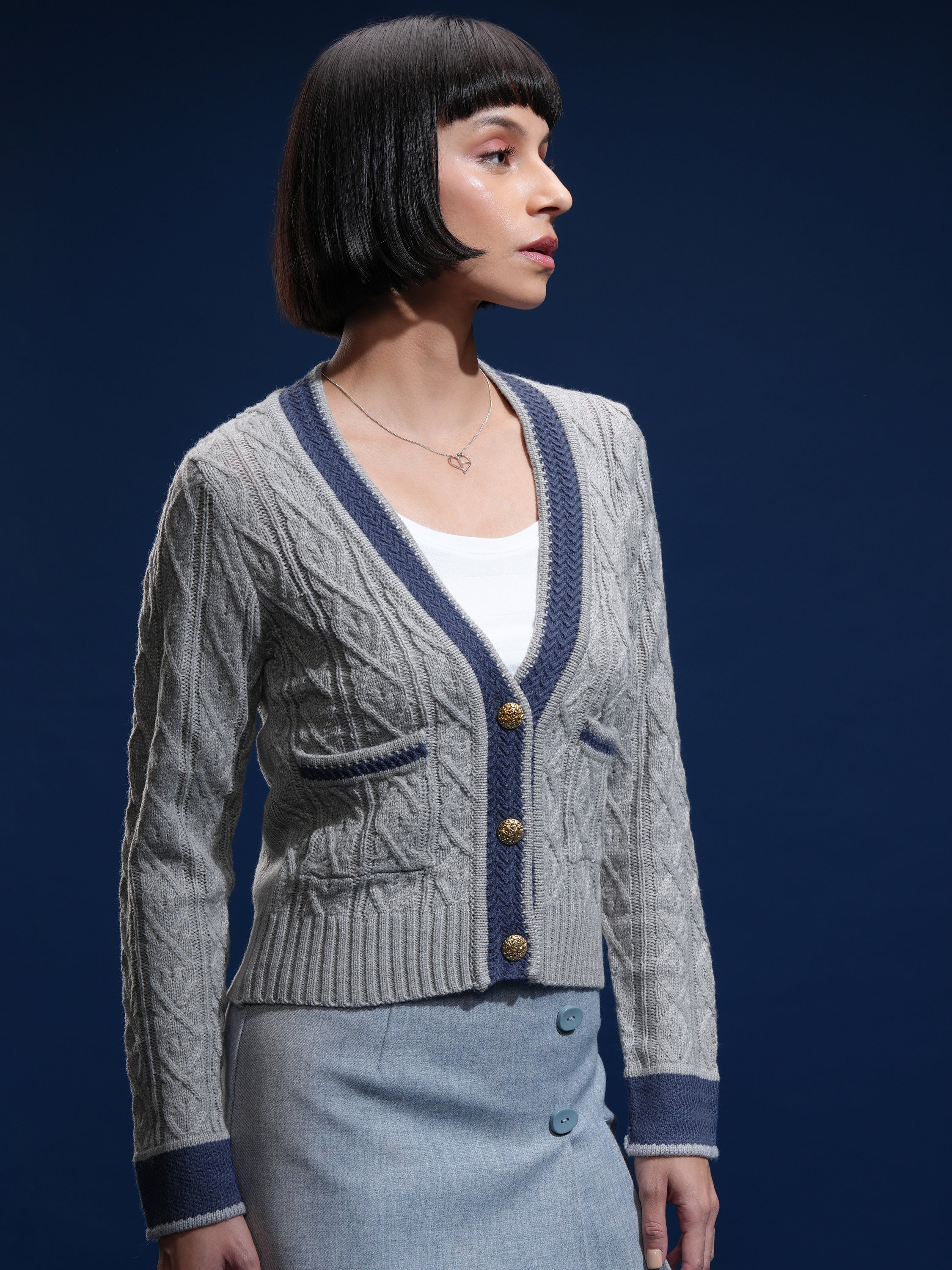 Tokyo Talkies Women Grey V-Neck Sweater - Grey - Image 6