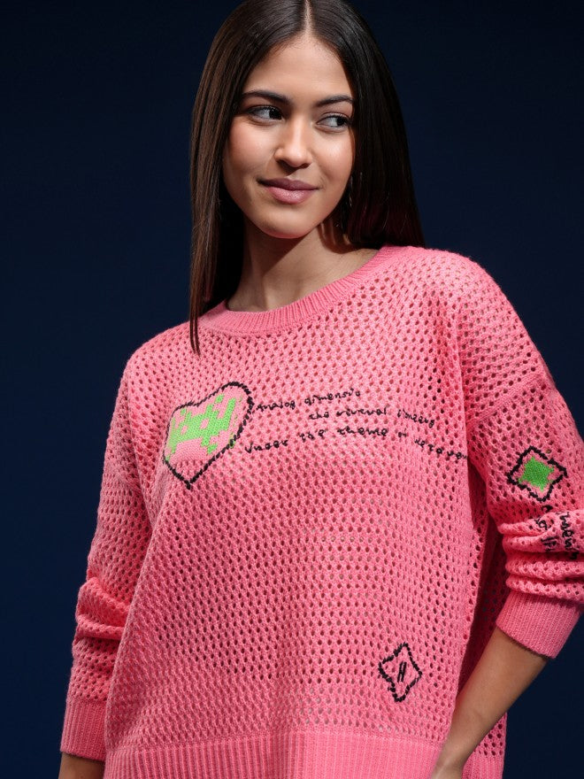 Tokyo Talkies Women Pink Round Neck Sweater - Pink - Image 1