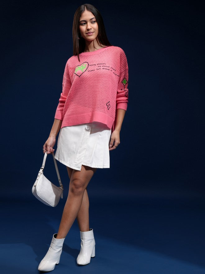 Tokyo Talkies Women Pink Round Neck Sweater - Pink - Image 2