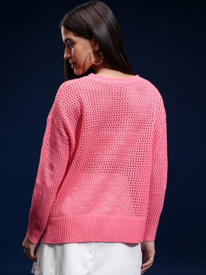 Tokyo Talkies Women Pink Round Neck Sweater - Pink - Image 3