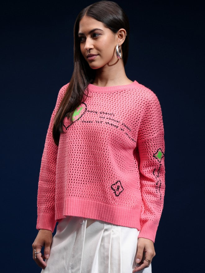 Tokyo Talkies Women Pink Round Neck Sweater - Pink - Image 4