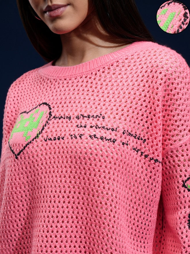 Tokyo Talkies Women Pink Round Neck Sweater - Pink - Image 5