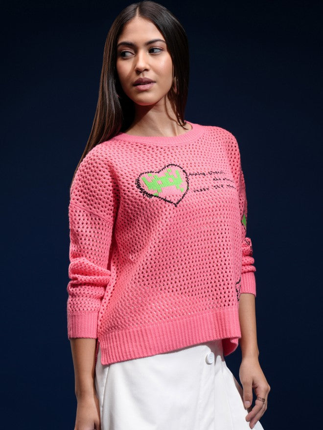 Tokyo Talkies Women Pink Round Neck Sweater - Pink - Image 6