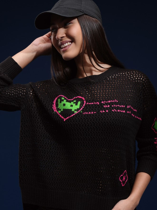 Tokyo Talkies Women Black Round Neck Sweater - Black - Image 1