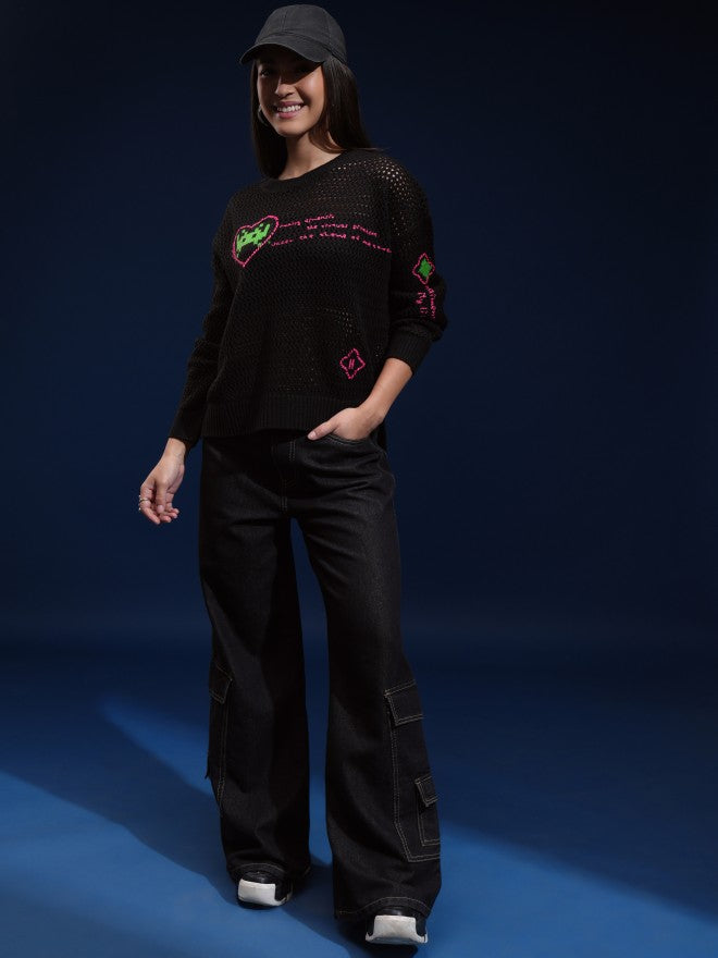 Tokyo Talkies Women Black Round Neck Sweater - Black - Image 2