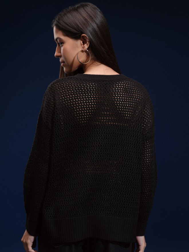 Tokyo Talkies Women Black Round Neck Sweater - Black - Image 3