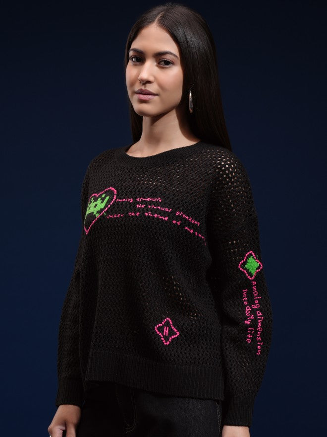 Tokyo Talkies Women Black Round Neck Sweater - Black - Image 4