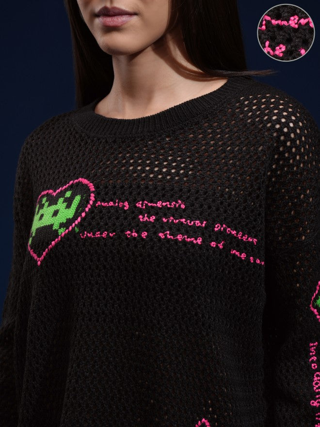 Tokyo Talkies Women Black Round Neck Sweater - Black - Image 5