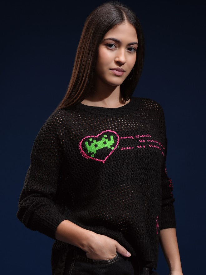 Tokyo Talkies Women Black Round Neck Sweater - Black - Image 6