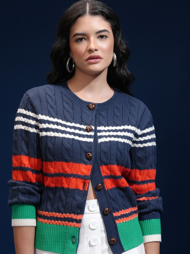 Tokyo Talkies Women Navy Blue Round Neck Sweater - Navy Blue - Image 1