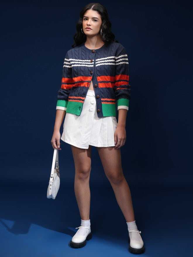 Tokyo Talkies Women Navy Blue Round Neck Sweater - Navy Blue - Image 2