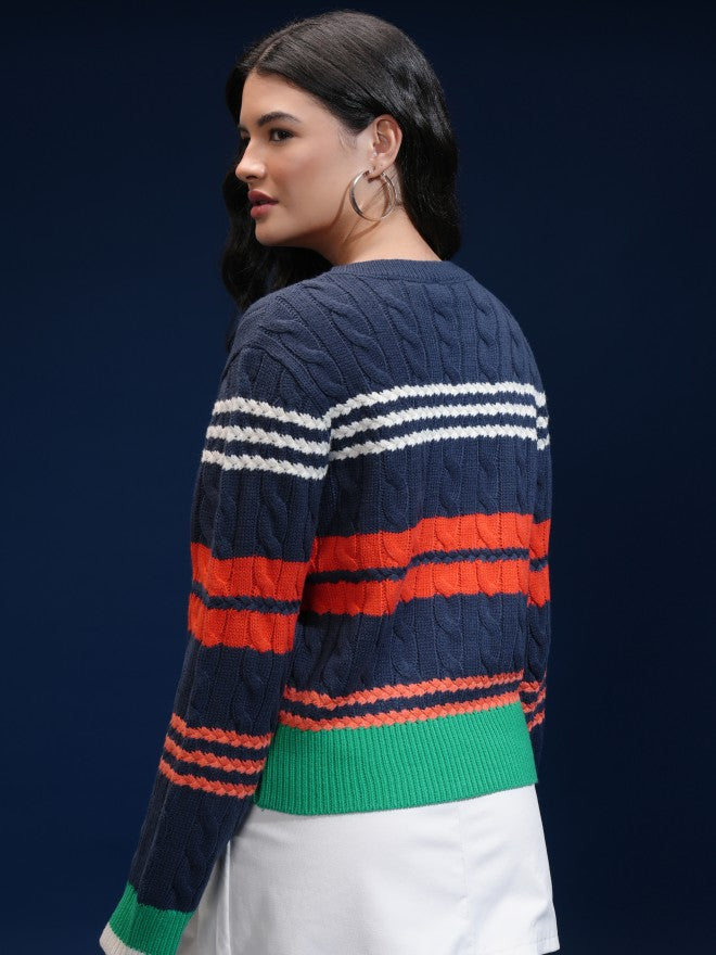 Tokyo Talkies Women Navy Blue Round Neck Sweater - Navy Blue - Image 3