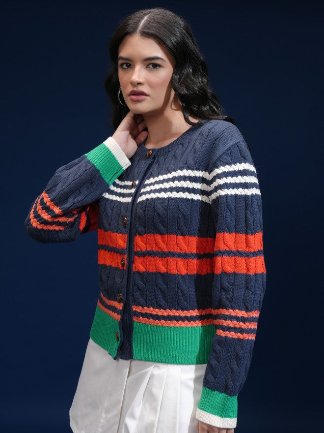 Tokyo Talkies Women Navy Blue Round Neck Sweater - Navy Blue - Image 4