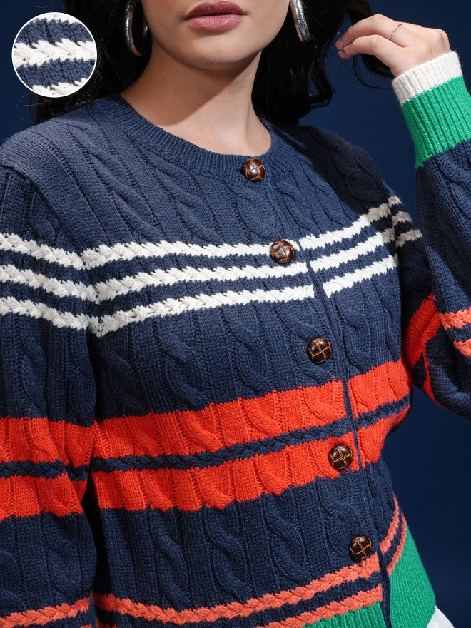 Tokyo Talkies Women Navy Blue Round Neck Sweater - Navy Blue - Image 5
